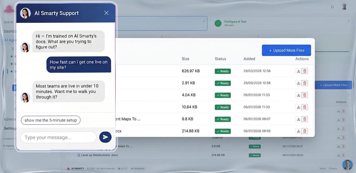 AI agent builder dashboard with knowledge base panel and live chat preview
