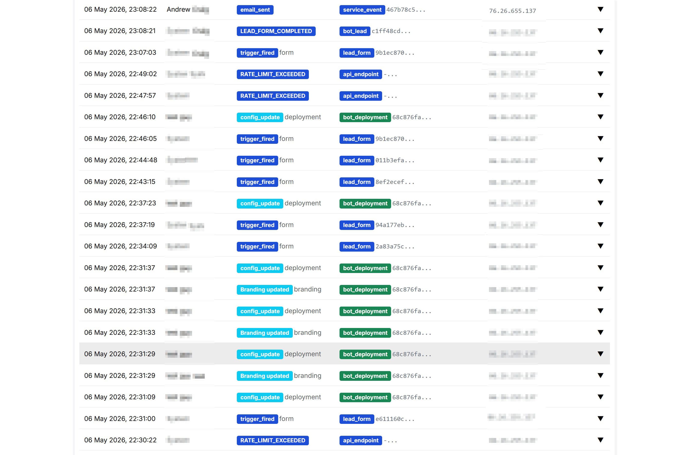 Audit log with timestamps and export action