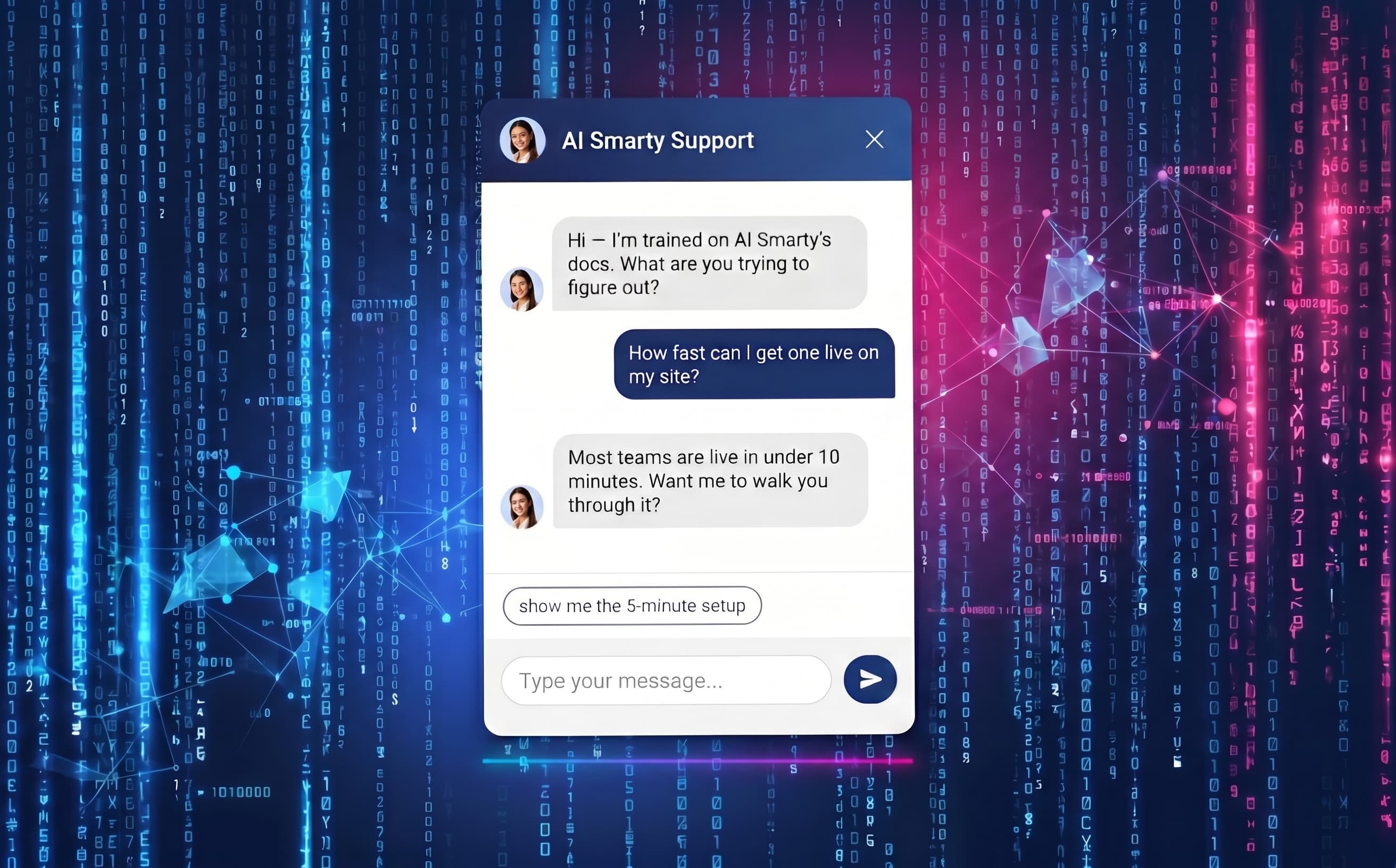 AI Smarty customer support AI agent chat window answering a visitor in real time