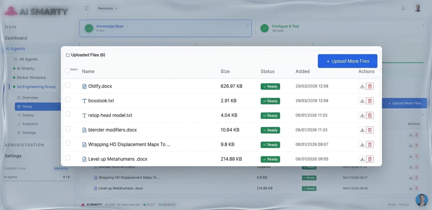 AI Smarty knowledge base — uploaded files indexed and ready for retrieval
